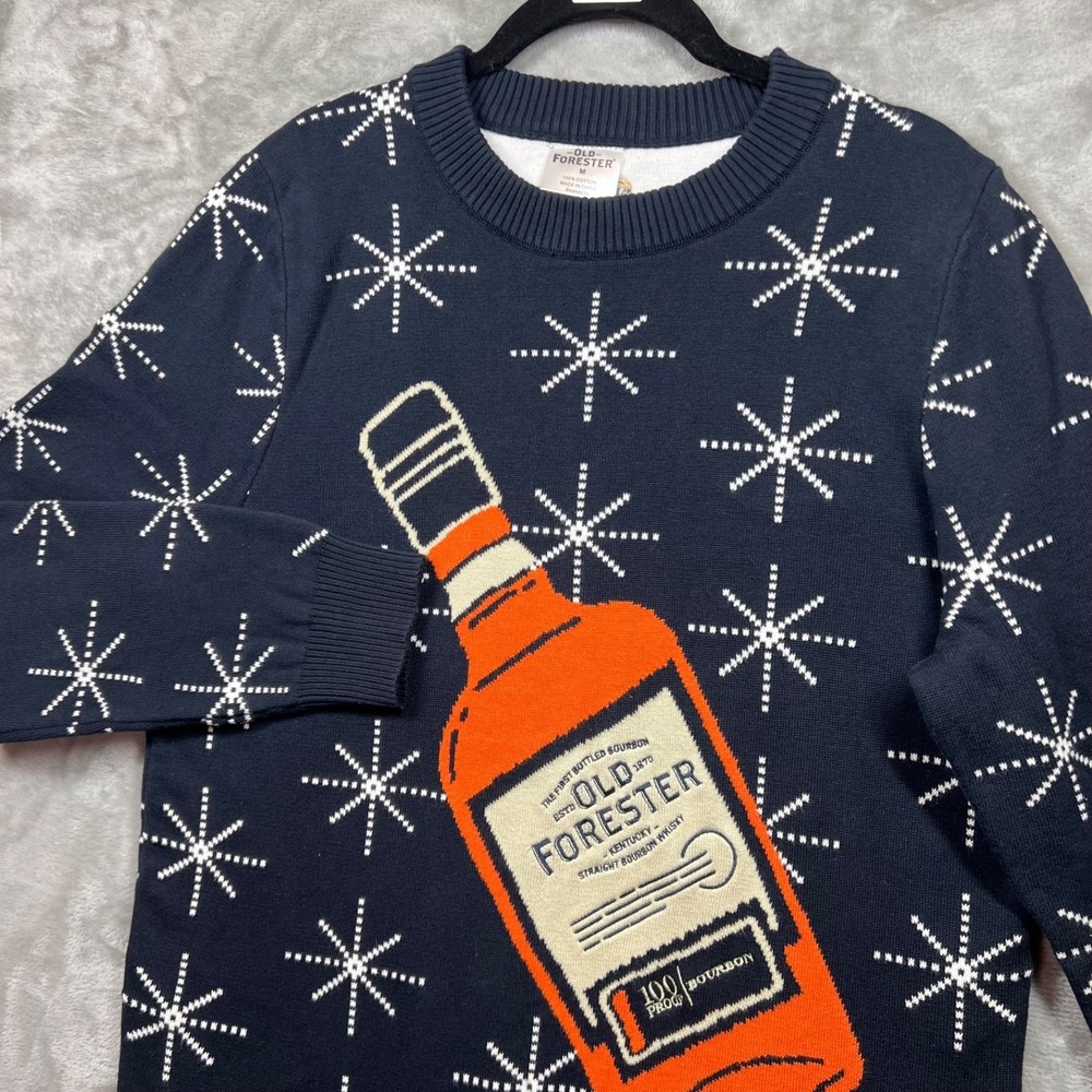 Old Forester 100 Proof Bourbon Sweater Navy Blue Medium Ugly‎ Christmas Holiday